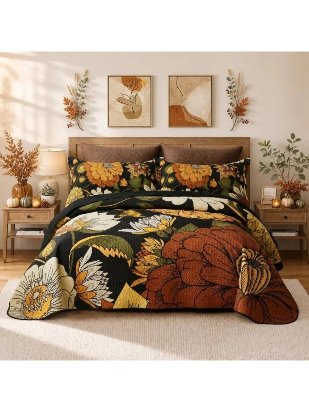 Boho Floral 3-Piece Black Quilt Bedding Set for Full/Queen Size - Cozy & Stylish